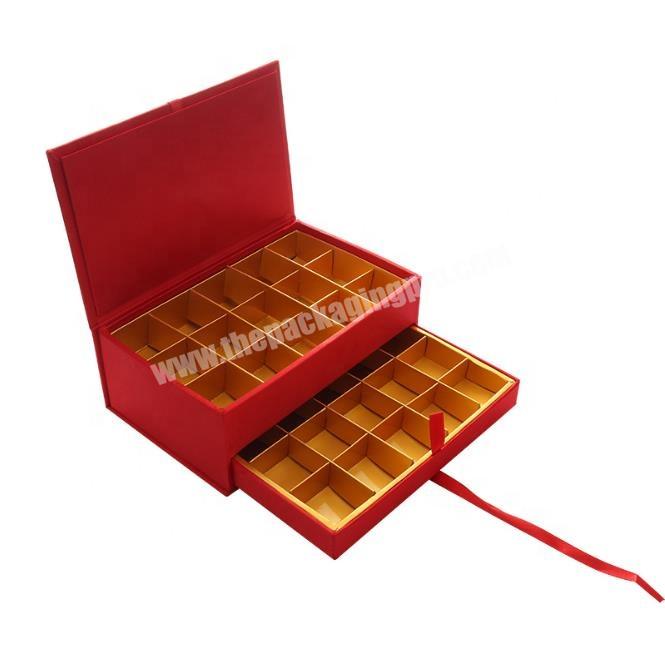 Eco-friendly display chocolate drawer box set double-deck red gold paper tray box