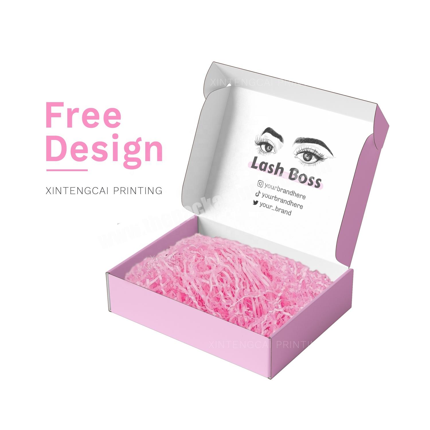 Free Design Package Pink Customized Corrugated Lashes Packaging Box, Lash Shipping Paper Boxes with Full Color Crinkle Cut Paper