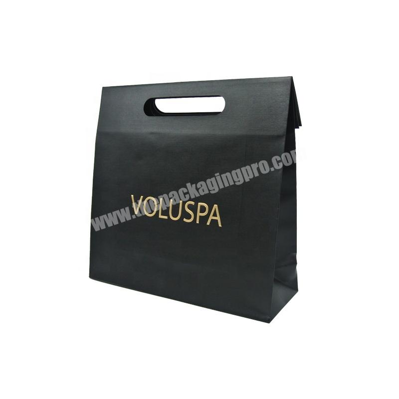 High Quality Famous Brand  Custom Logo Printed Flat Gift  Packaging Black Kraft Paper Bag With Handle