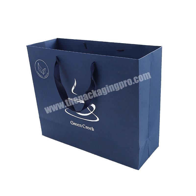Luxury Blue Cardboard Silver Stamping Shopping Jewelry Garment Gift Packaging Tote Paper Bag
