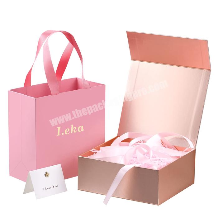 Luxury Cardboard Paper Pink Magnetic Flat Packaging Gift Box Small Magnetic Fold Middle Tea Box Custom Folding Wedding Gift Box