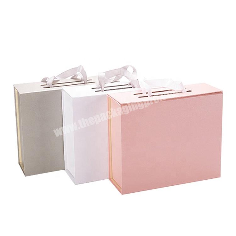 Luxury Design Logo Custom with Ribbon Handle Pink Art Paper Coat Grey Board Foldable Magnetic Gift Boxes for Clothes