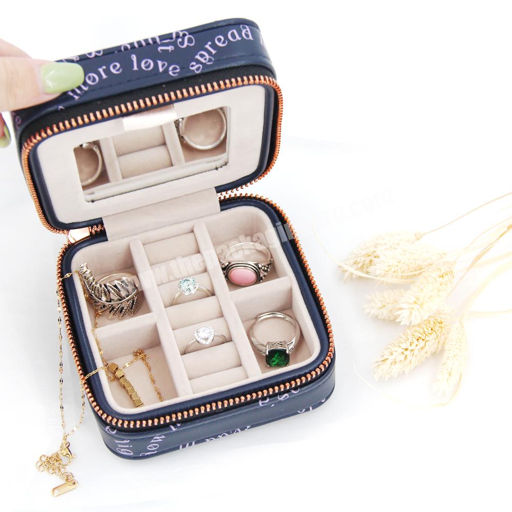 Luxury portable travel jewelry box with mirror custom small jewelry travel box leather collection zipper jewelry travel box