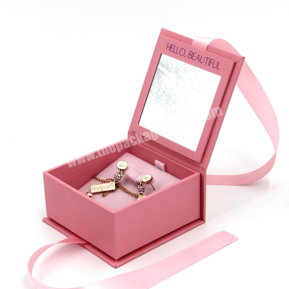 Luxury wedding ring jewelry boxes with logo custom gift packaging jewelry display box with ribbon mirror ring jewelry velvet box