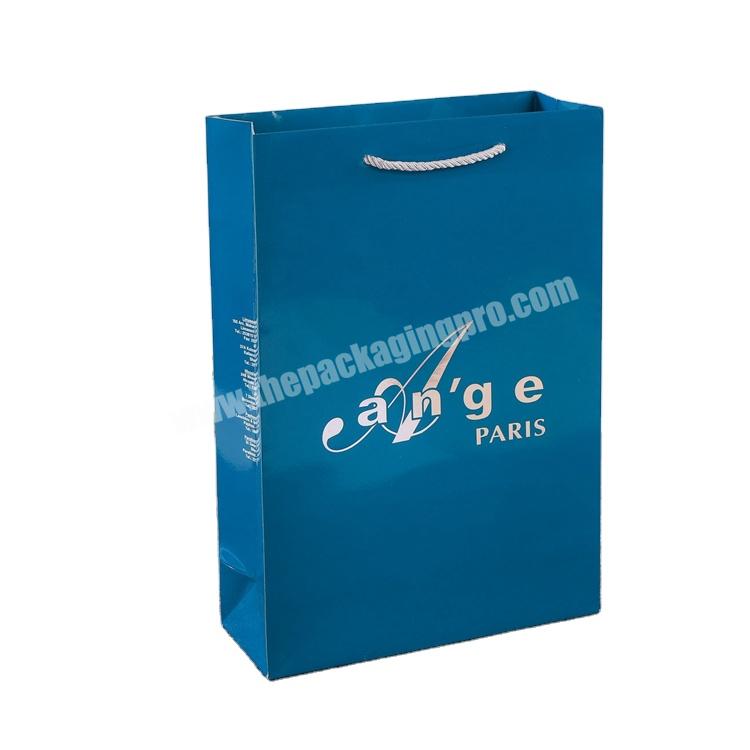 Manufacturers Custom Logo Silver Handle Laminated Blue Retail Shopping Gift Packaging Paper Bag