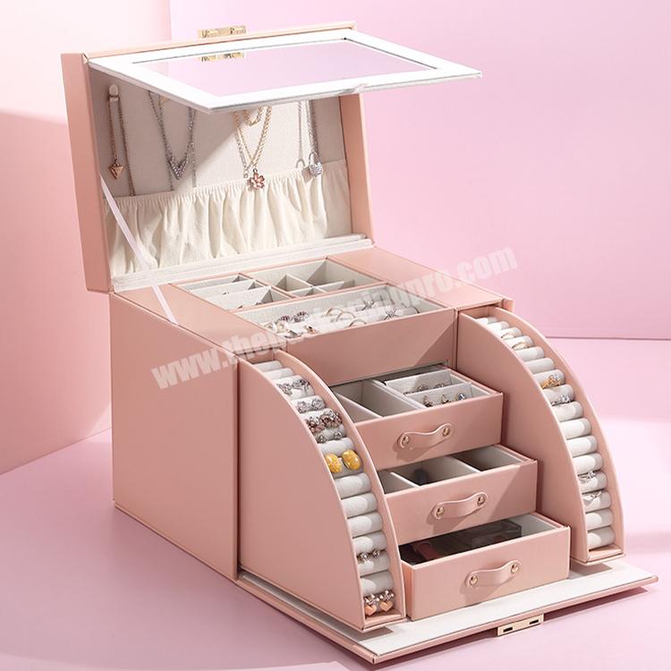 Wholesale Custom Pink Velvet Necklace Ring Leather Lady Pu Travel Jewelry Storage Box Earring Jewellery Packaging Box Organizer