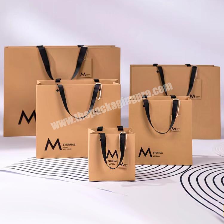 custom logo kraft small shopping thank you paper brown packaging gift bag with ribbon handle