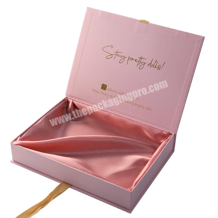 custom logo paper cardboard simple empty pack magnetic closure pink folding gift box with ribbon handle