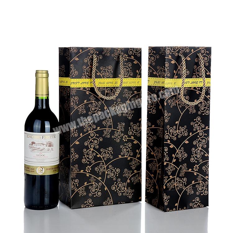 custom logo personalised black drawstring fancy packaging wedding wine paper gift bag with handles