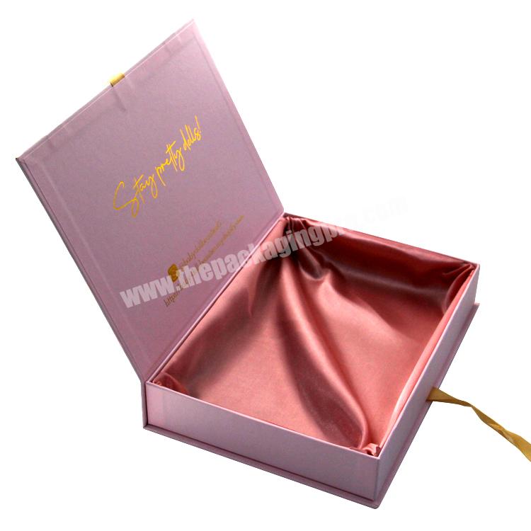 customized pink empty gift wig hair extension magnetic closure packaging folding carton box with ribbon