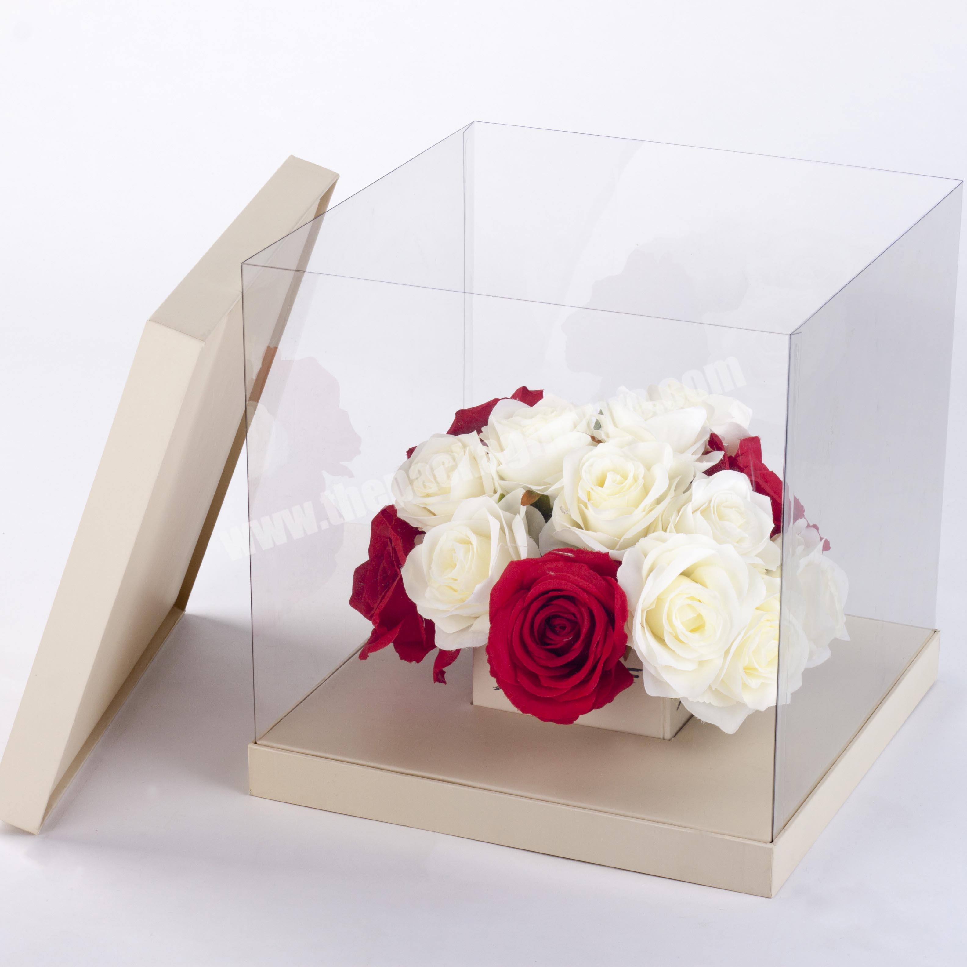 luxury paper packaging boxes PVC window gift box  square rose flower acrylic box