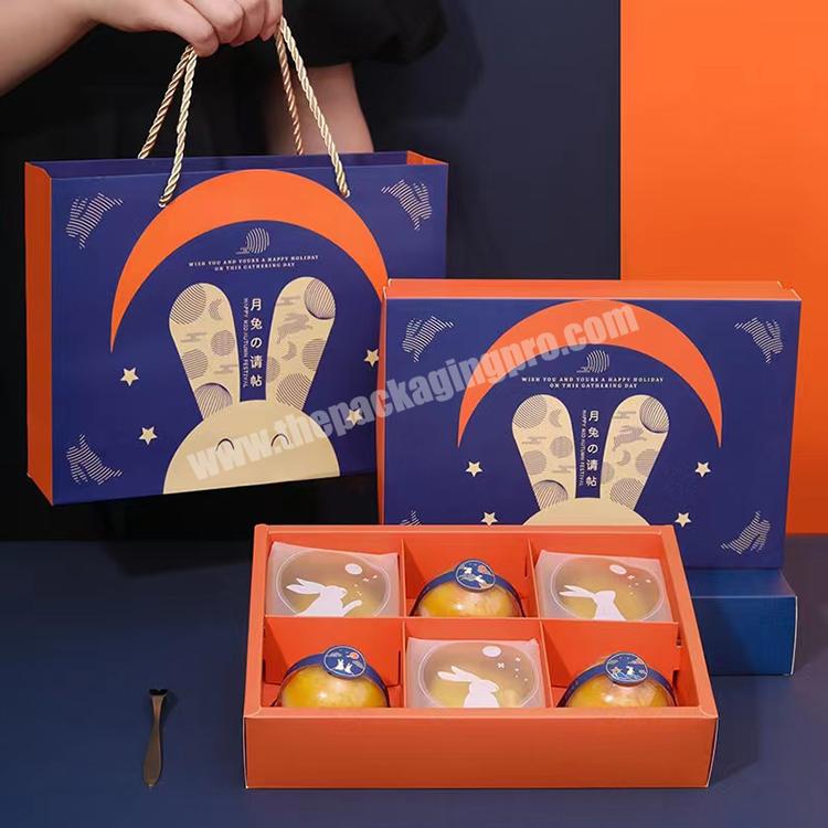 new design printed logo mooncake box luxury foldable moon cake packaging paper gift box with handle