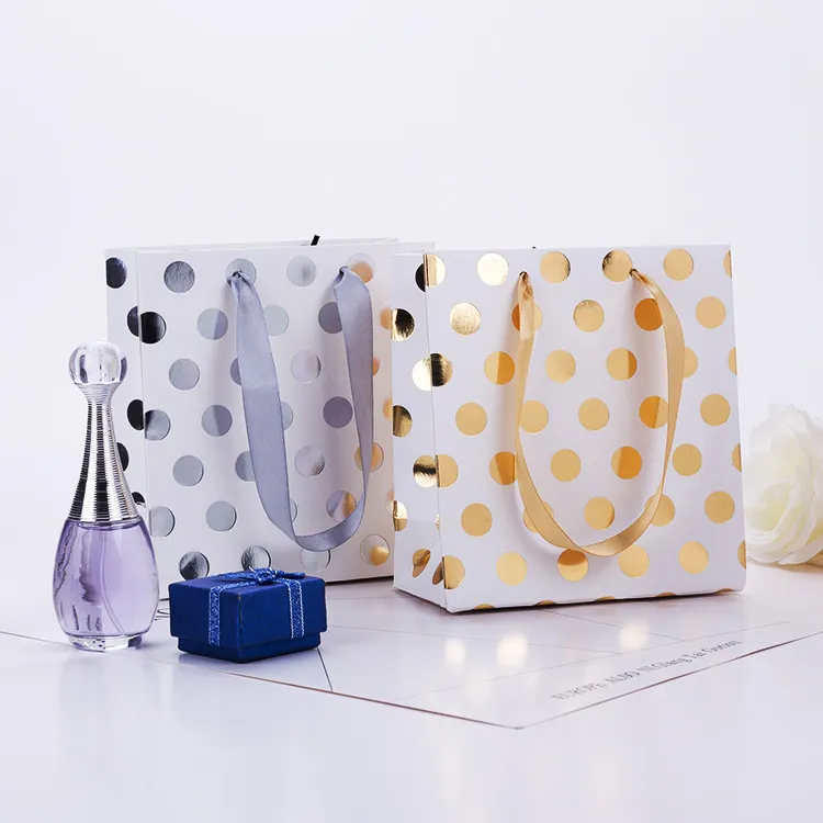 Custom Fashionable Luxury Purple Dot Yellow Dot Polka Dot Binding Flash Exquisite White Gift Packing White Cardboard Bag - Buy Custom Wholesale Biodegradable Recyclable Personalized Eco Friendly Luxury Shopping Foldable Packaging Gift Bagswith Logo,C