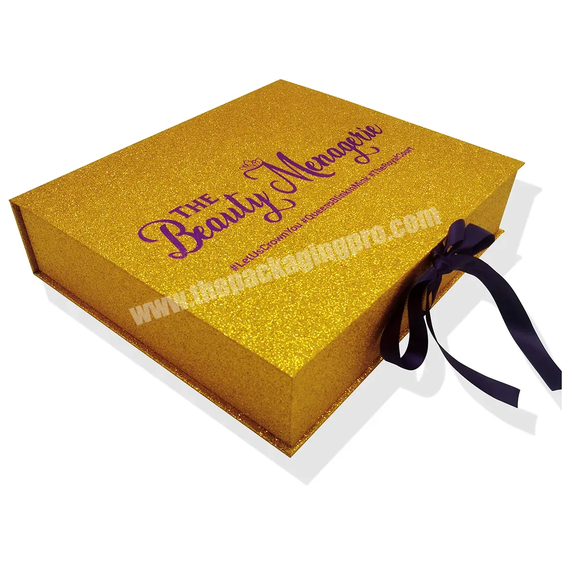 Glitter Gold Box Gift Box With Silk Satin Insert - Buy Wigs Box Luxury,Human Hair Extensions Packaging Box,Gift Box With Ribbon And Satin Insert.