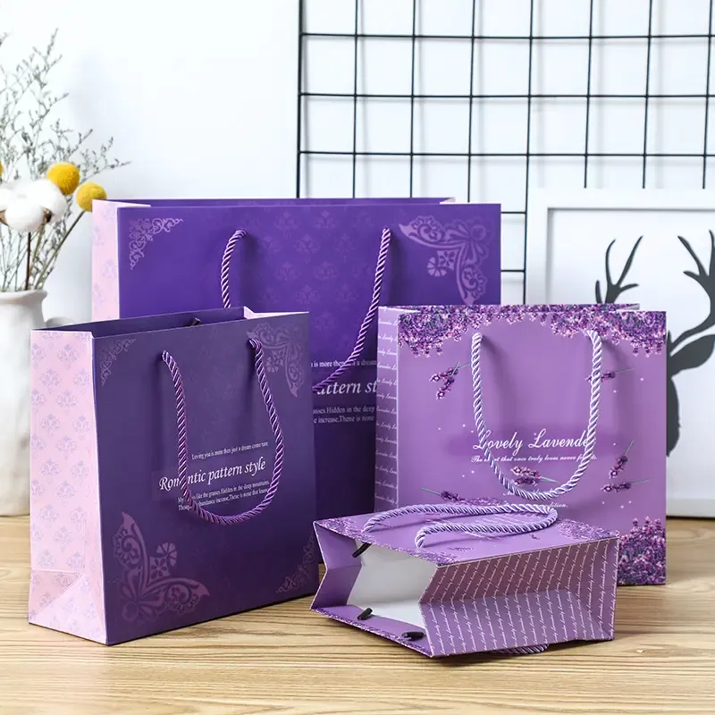 Luxury Gift Bags of Bright Purple Color in Film-coated Cardboard 