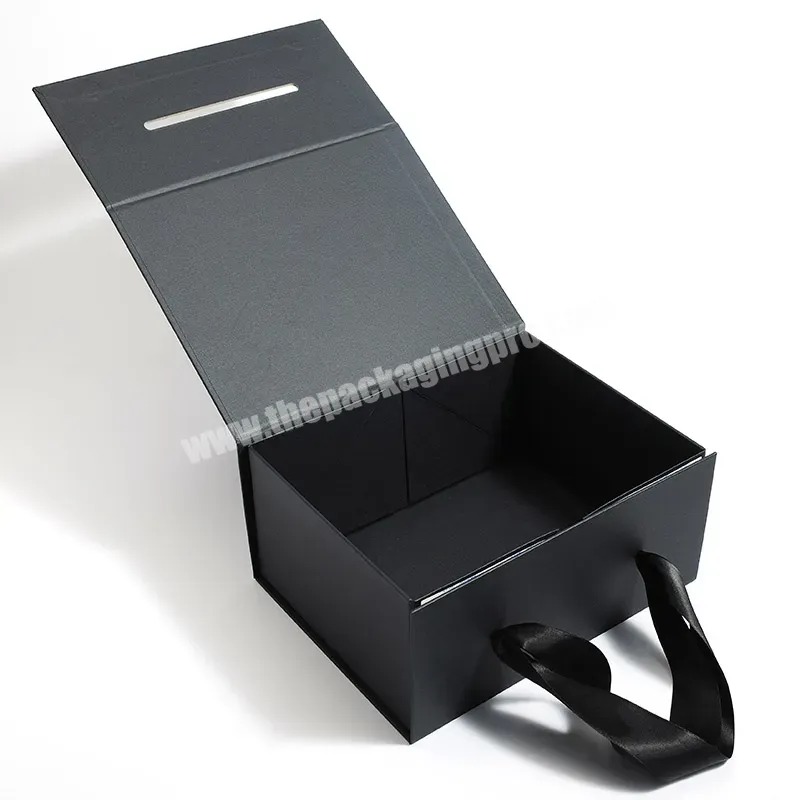 Hot Sale Clothes Foldable Box Black Luxury Magnetic Gift Packing Box With Ribbon Handle - Buy Gift Packing Box,Black Packaging Box,Packing Box With Magnetic Closure.