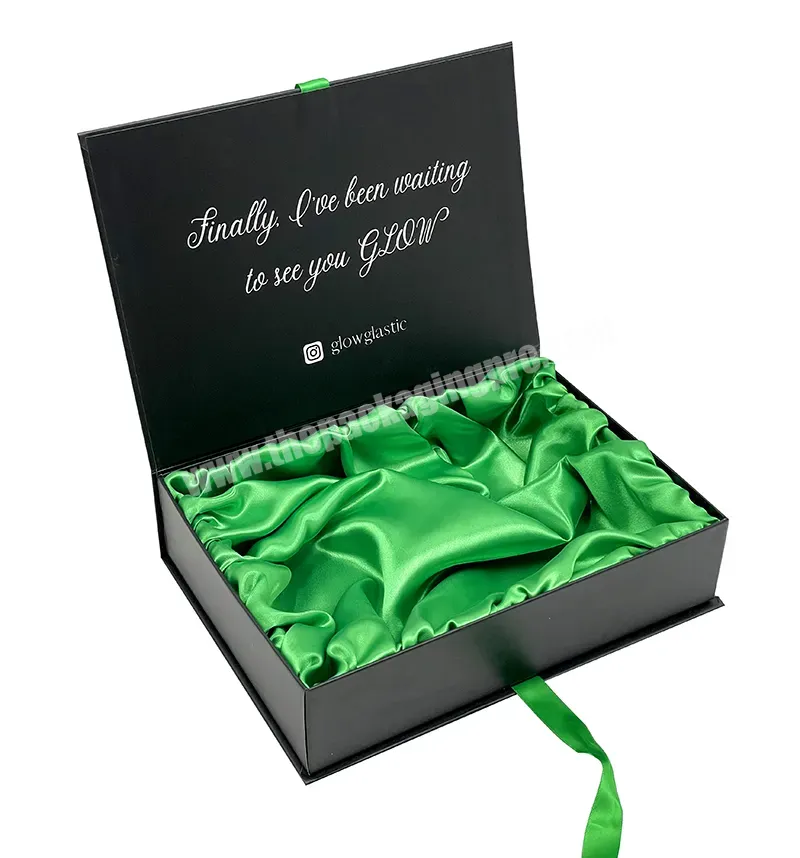 Luxury Black Gift Set Box With Green Silk Lining Wig Box With Satin Insert Custom Logo Printed - Buy Wig Box With Satin,Magnetic Box With Ribbon,Human Hair Packaging Box.