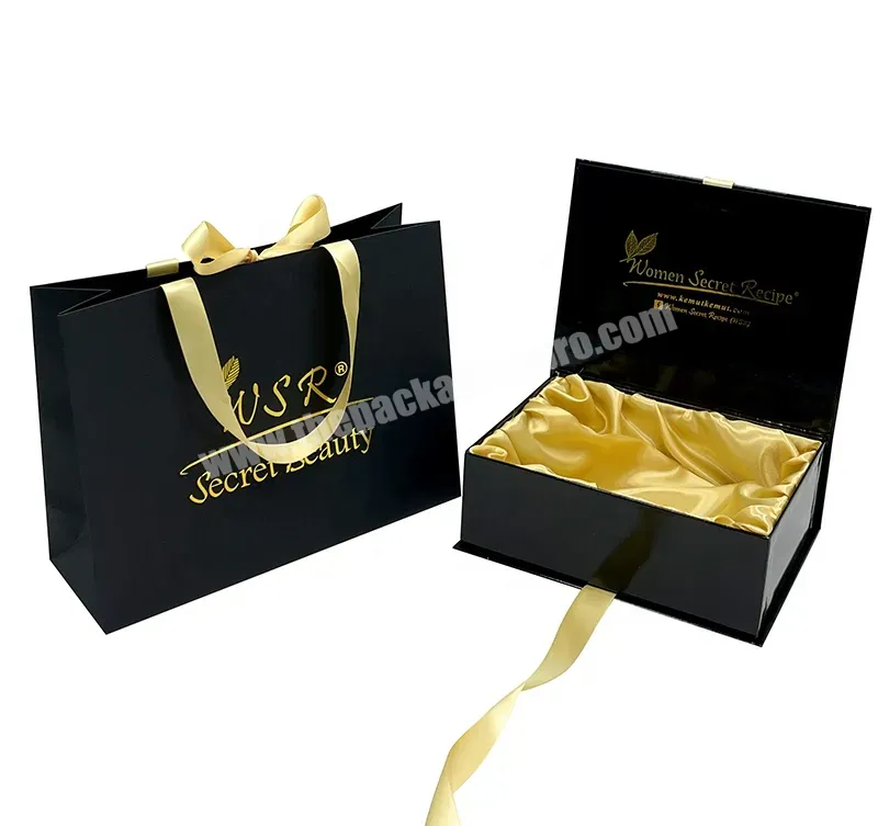 Luxury Black Magnetic Gift Box With Silk Lining Satin Insert And Ribbon,Gift Box With Paper Bag,Paper Bag With Your Own Logo - Buy Magnetic Gift Box With Silk Lining,Gift Box With Paper Bag,Gift Box With Ribbon And Satin Insert.