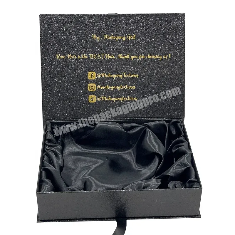 Luxury Black Wigs Box With Satin Insert Custom Human Hair Accessories Packaging Magnetic Lid Cardboard Beauty Box With Ribbon - Buy Wig Box With Satin,Magnetic Box With Ribbon,Human Hair Packaging Box.