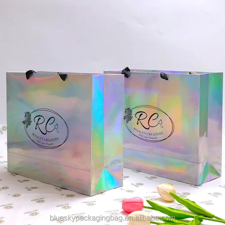 Luxury Customized Holographic Laser Paper Bag Customized Personalized Logo - Buy Printing Commercial Luxury Shopping Gift Paper Bag,Boutique Shopping Packaging Paper Bag For Clothing Shoes,Custom Design Ribbon Handle Black Luxury Jewelry Cosmetic Gif