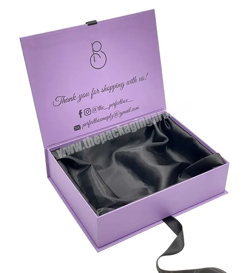 Luxury Purple Gift Set Box With Satin Insert And Ribbon Custom Your Logo Printed - Buy Wig Box With Satin,Magnetic Box With Ribbon,Human Hair Packaging Box.
