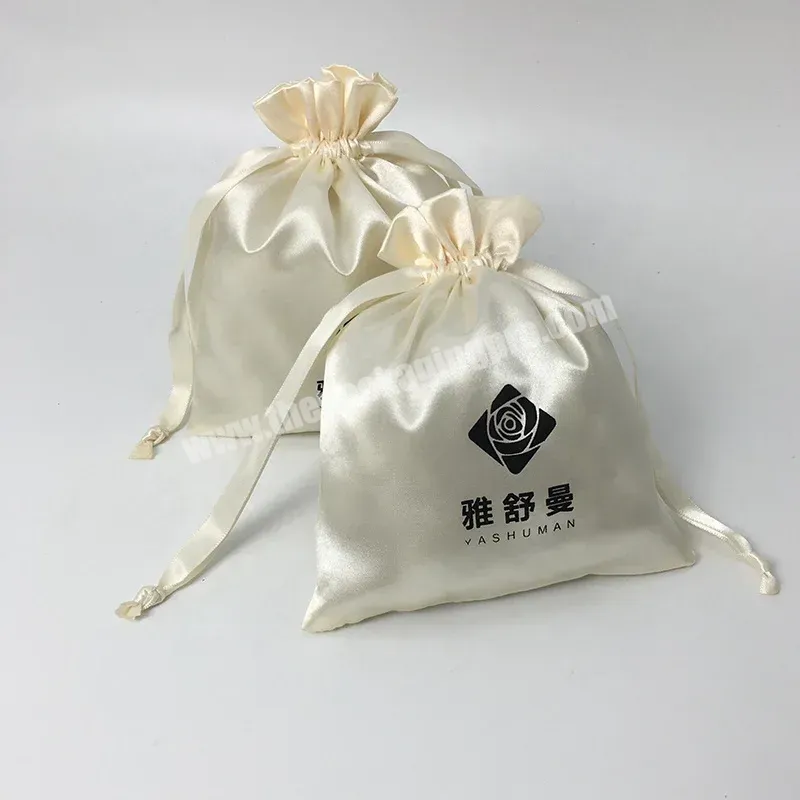 Luxury Custom Soft Silk Satin Beige Drawstring Printing Gift Satin Bag Recycle Cosmetic Pouch Dust Bag With Black Logo - Buy Silk Stain Drawstring Packaging Bag,Custom Satin Bags,Cosmetic Satin Pouch.