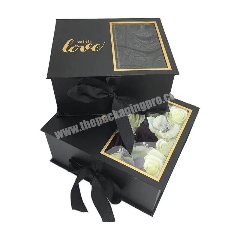 Luxury Rigid Box Packaging Gold Foil Stamping Transparent Clear Pvc Window Flower Gift Box With Bow - Buy Gift Box With Bow,Clear Window Gift Box,Transparent Pvc Window Gift Box.